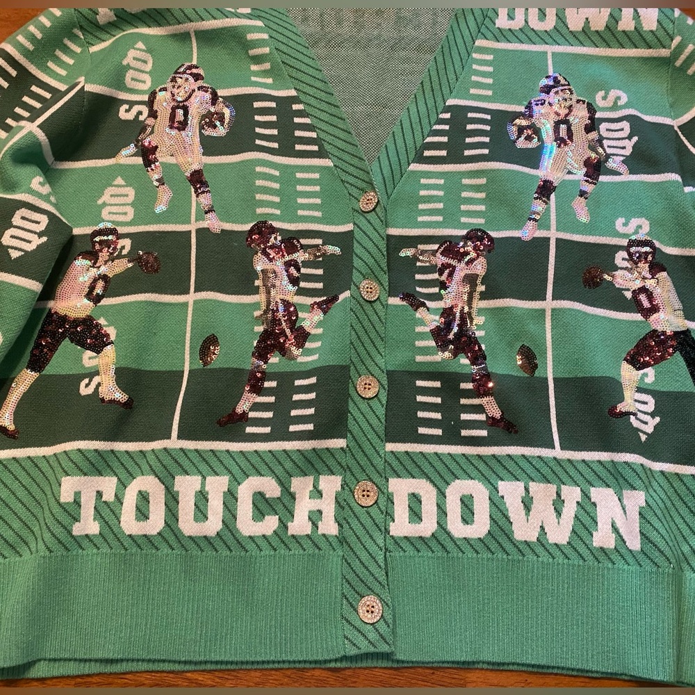 QUEEN OF SPARKLES Green Sequin Football Touchdown Cardigan - Picture 8 of 16